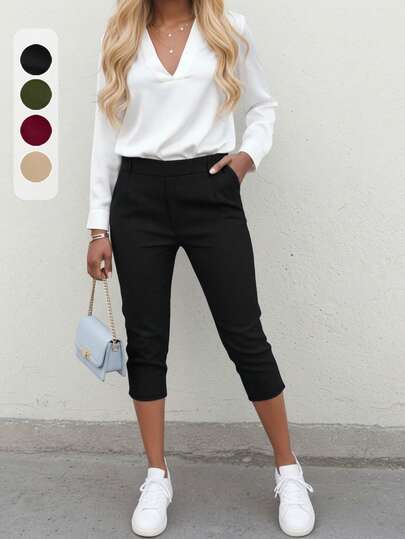 Fall Clothes For Women,Elegant High-Waist Slim-Fit Pants For Women - Solid Color, Polyester, Machine Washable With Slant Pockets & Button Detail, Perfect For Work & Casual Wea & Commuting