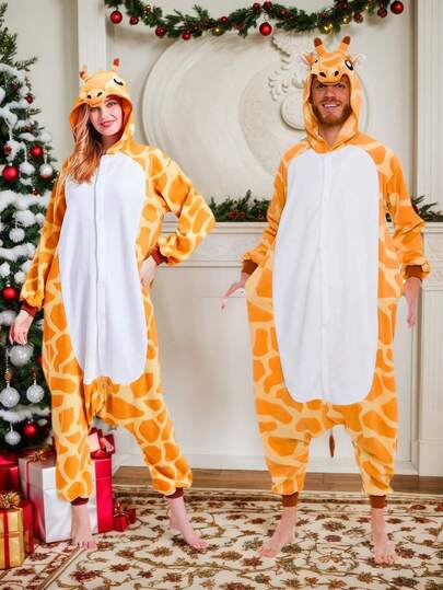 1件动物造型家居服保暖睡衣毛绒角色扮演套装，男女通用秋冬连体衣，适合派对、情侣礼物（选择合适的尺码，根据身高选择长度，男女通用）