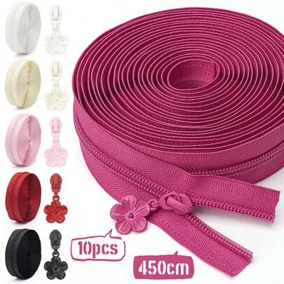 1 Bộ (Khóa kéo 450cm/5 Yard + 10 Khóa kéo phù hợp), Khóa kéo Nylon số 5, Nhiều màu sắc, Khóa kéo hình hoa, Thích hợp cho quần áo, Đồ dệt gia dụng, Túi xách, Hộp đựng đồ, Đồ thủ công DIY