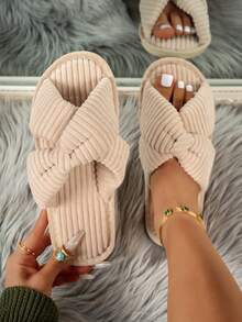 Women's Casual Fabric Criss-Cross Slippers, Comfortable Home Wear, Autumn/Winter,Fluffy Slippers