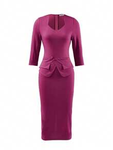 Elegant 2 In 1 Mid-Length Dress, Fitted Silhouette, Suitable For Workplace, Afternoon Tea, Church, Formal Occasions. Solid Color, Faux Pocket Design, Square Neckline, Comfortable Fabric, Versatile For Spring, Summer, Autumn, Office, Daily Wear, Dates, Birthdays, Parties - Red Violet - View 5