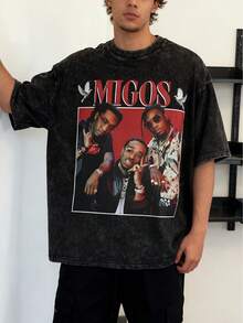 Camiseta de Verano Vintage Migos para Mujeres, Cuello Redondo, Estilo, 6 Tallas Disponibles, Moda Americana, Hip Hop, Ropa de Calle, Tops de Algodón de Calidad, Impresión Oversize, Camisetas Negras de Manga Corta, Camiseta Casual - Negro - Ver 3