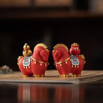 传统中式马摆件 - 红金财神像，树脂桌面摆件，适用于开业典礼、乔迁之喜、生日礼物 - 无需电源，吉祥风水摆件，招财纳福，新年礼物
