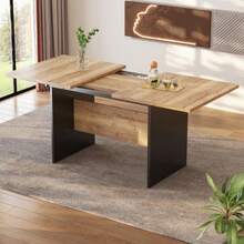 Extendable Dining Table 140/180*80cm, Suitable For 4-6 People, Wood Grain Rectangular Dining Table, Natural, Extendable Dining Table In Minimalist Style - Black + Dark Walnut - View 4