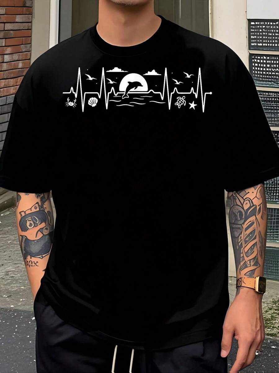 100% Cotton Beach Nature Lover Heartbeat Line EKG Dolphin Sea Art T-Shirt Street Hip-Hop Style Men's T-Shirt - Black - View 1