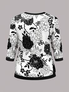 Damen Große Größen Set aus Blumen-Cardigan und schwarzem Rock, elegantes Outfit mit Rundhalsausschnitt, normale Ärmel, mittlere Stretchqualität, Knopfdetails - Schwarz - Übersicht 6