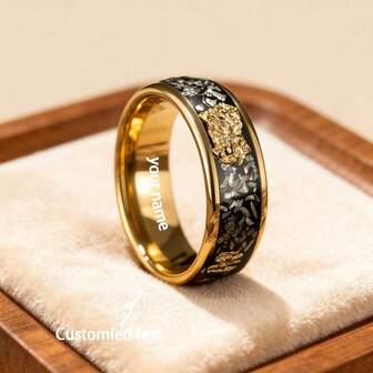 1pc 8mm Customized Men's Tungsten Steel Ring, Inlaid With Iron Filings And Gold Foil, Customizable Text, Wedding/Couple Ring, Ideal Gift For Loved Ones!