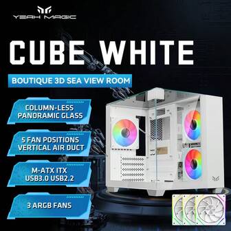  Yeah Magic Cube PC Case Game MATX Desktop Computer Chassis Seaview Room Case Curved Glass Support 240 Water Cooling+3Pcs Fans White