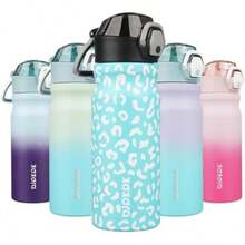 BJPKPK - Botella de agua aislada de 18 onzas con pajita, botellas de agua de doble pared de acero inoxidable, sin , termo a prueba de fugas, con tapa abatible y boquilla de silicona suave, color(0.5 Litros Leopardo Azul Cielo) - Multicolor - Ver 1