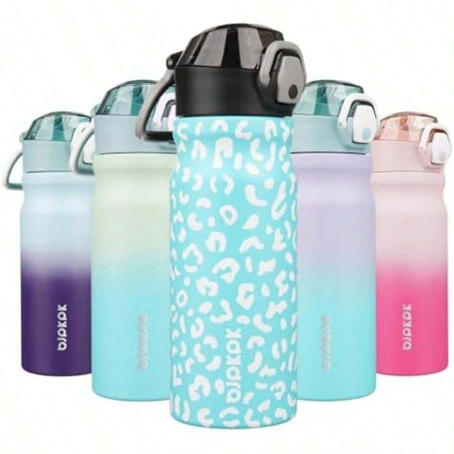 BJPKPK - Botella de agua aislada de 18 onzas con pajita, botellas de agua de doble pared de acero inoxidable, sin , termo a prueba de fugas, con tapa abatible y boquilla de silicona suave, color(0.5 Litros Leopardo Azul Cielo) - Multicolor - Ver 1