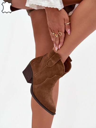 Damskie botki kowbojki wsuwane z naturalnego zamszu na ściętym obcasie, ocieplane, skórzane, jesienno-zimowe Czarny Brązowy Beżowy