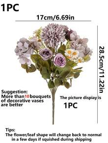 1/3pcs 11.22 Inch Artificial Hydrangea, Rose, Daisy, Ball Mum Mixed Flower Arrangement, Suitable For New Year Party, Wedding, Birthday Anniversary, Fireplace And Dining Table Decor, Garden Gate Indoor Outdoor Home Decor, Llama Decor, Thanksgiving Decor, DIY Wreath, Gift, Table Centerpiece, Etc. - Purple - View 2