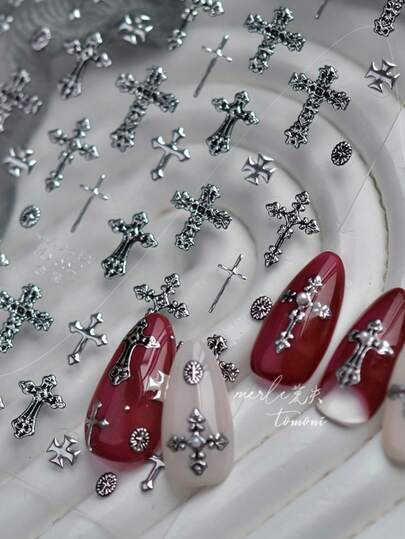 1pc 5D Silver Cross Nail Sticker, Metal Nail Art Sticker, Punk Retro Design, Slide-On Self-Adhesive Nail Decoration Sticker Nails Nail Supplies Nail Stickers