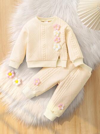2pcs/Set Baby Girls Casual Versatile Solid Color Cute Sweet Minimalist Sweatshirt With 3D Floral Decor Round Neck Long Sleeve Top And Elastic Waist Sports Pants With Cuffed Hem, Outfit Set