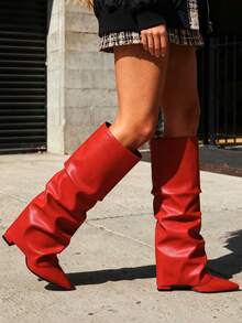 Knee High Fold Over Shark Boots For Women Slouchy Pointed Toe Block Thick High Heels Pull On Fashion Punk Pleated Boots Woman - Đỏ - Xem 4