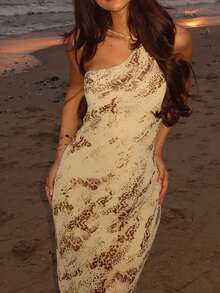 Elegant Asymmetrical Shoulder Spaghetti Strap Dress, New Summer Women's Fashion, Minimalist And Chic, Backless Design, Casual And Versatile Long Dress. Graceful Sleeveless Summer Dress, Suitable For Women's Commute, Casual And Elegant, Suitable For Commute, Party, Beach And Other Occasions. Graceful Women's Dress, Suitable For Various Occasions. Vacation Outfits For Women - Khaki - View 5