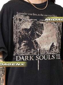 Retro Printed Round-Neck Short-Sleeved T-Shirt With Dark Souls 3 Theme - 黑色 - 查看 1