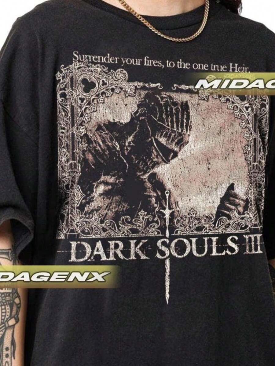Retro Printed Round-Neck Short-Sleeved T-Shirt With Dark Souls 3 Theme - 黑色 - 查看 1