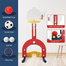 Tobogán y columpio 7 en 1 para niños pequeños de 1 a 3 años, para interior y exterior, con columpio ajustable, aro de baloncesto, fútbol, ​​golf y lanzamiento de aros, color azul. - Azul - Ver 4