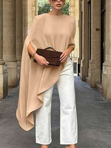 Women's Casual Asymmetrical Hem Batwing Sleeve Loose Blouse, Minimalist Design, Versatile Street Style, Spring/Summer - Khaki - View 4