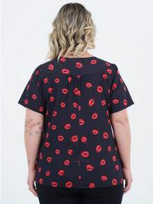 Women's Plus Size Short Sleeve Blouse With Kiss Design - 黑色 - 查看 3