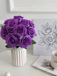 10pcs Burgundy Artificial Roses, 19.7 Inch Realistic Bridal Bouquet, Velvet Fake Flowers, Suitable For Room Decor, Halloween Decoration, Artificial Flower Decor, Wedding Party, Home Decoration, Indoor & Outdoor, Vase Filler - Purple - View 8