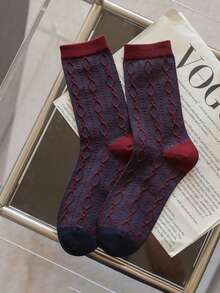 5 Pairs Women's Striped Mid-Calf Socks, Red And Blue Color, Suitable For Autumn/Winter, Indoor, Outdoor Activities And Sports, Fit For Young Adults Aged 18-40