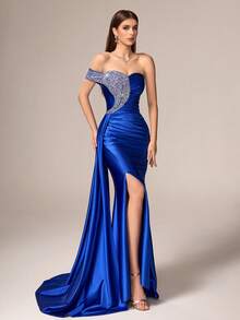 优雅奢华的皇家蓝无袖缎面长款晚礼服 - 露肩抹胸领口，饰以耀眼亮片，开衩鱼尾裙摆，拖尾设计 | 适合盛大晚宴、毕业舞会、婚礼宾客、红毯活动、周年庆典和正式宴会等春季派对场合 - 湖藍色 - 查看 10
