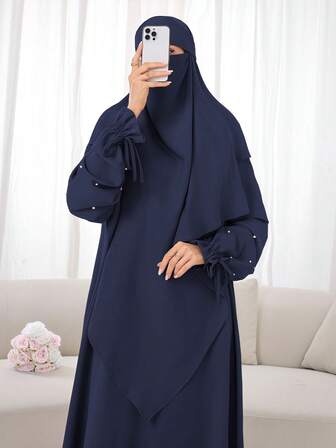 两件套柔软宽松穆斯林连衣裙，珍珠装饰袖口，搭配同款头巾，适合日常穿着、祈祷和奢华搭配（连衣裙+头巾）