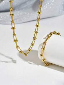 1 Set 316L Stainless Steel Gold Chunky Chain Necklace & Bracelet Women's New Horseshoe Clasp Fashion Jewelry Set, Suitable For Daily Wear - Gold - View 3