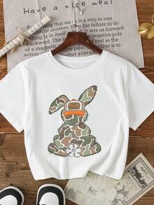 女款夏季休闲迷彩兔子印花音乐兔圆领短袖T恤，简单轻松日常穿着 - 白色 - 查看 1
