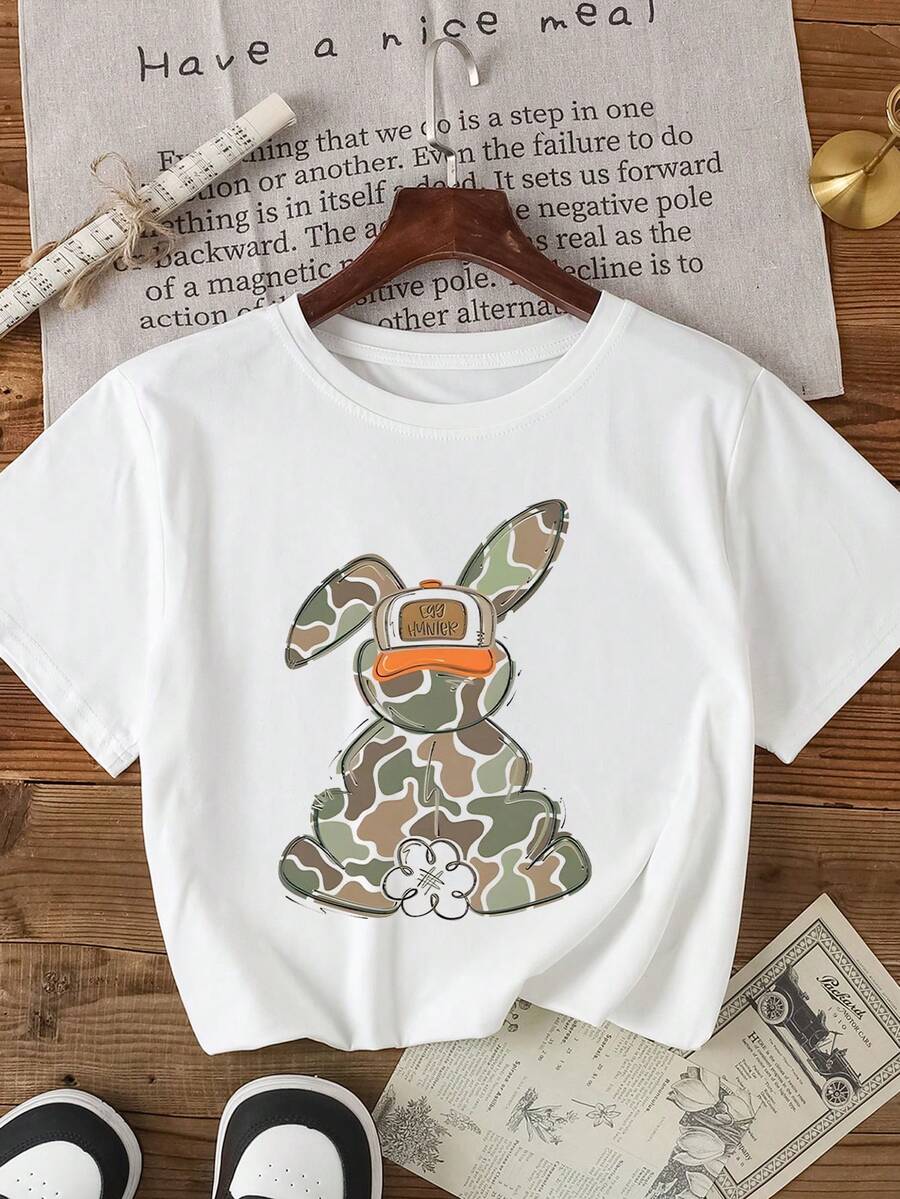 女款夏季休闲迷彩兔子印花音乐兔圆领短袖T恤，简单轻松日常穿着 - 白色 - 查看 1