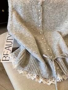 女士浅灰色马海毛珍珠纽扣无袖吊带背心 | 抽绳腰带蕾丝边吊带衫 | 优雅叠穿上衣，适合休闲和约会之夜穿着 - 灰色 - 查看 4