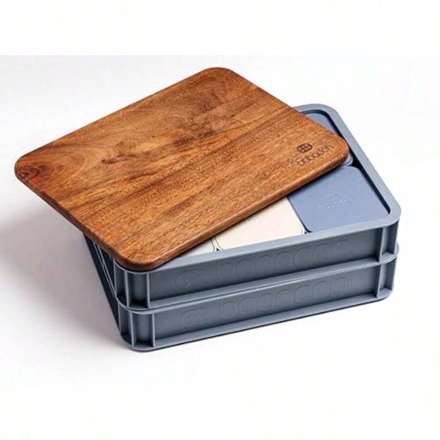 Pizza Dough Trays And Walnut Board Set Includes 2 Steel Coloured Durable Stackable Trays And 1 Walnut Board Versatile Storage And Serving Solution For Pizza Lovers Home And Outdoor Adventures - Gray - View 1