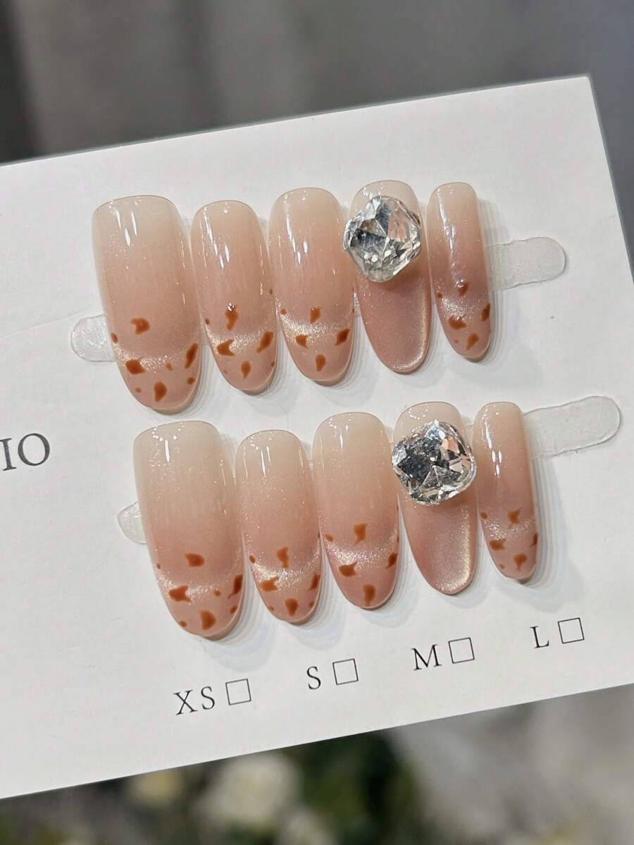10片手工椭圆形亚克力美甲贴片，长款，柔和粉色，闪亮猫眼，豹纹图案，镶嵌大颗水钻，前卫优雅简约的秋季美甲，秋季贴片美甲，适合派对、日常、约会、海滩、热带度假等场合，DIY假指甲，适合女性和女孩作为礼物，美甲用品 - 粉色 - 查看 1