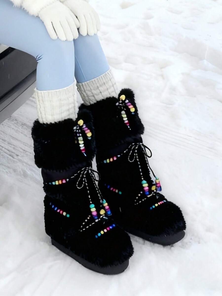 Knee High Boots For Women Mid-Calf Flat Fuzzy Boots Round Toe Slip On Boots Lace Up Bow Comfortable Boots Party Dressy Outdoor Fashionable Fashion Boots - 黑-A - 查看 1