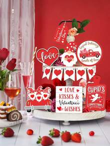 12-Piece Valentine's Day Bright Red Wooden Decor Set - Charming Assorted Designs (Heart/Gnome/Cupid/Truck Accents + "Love/Kisses & Wishes" Romantic Slogans), Durable Unfinished Wood Material, Battery-Free Tabletop/Party Decor Supplies, Festive Valentine's Day Decor Accents (Tray Not Included) - Multicolor - View 1