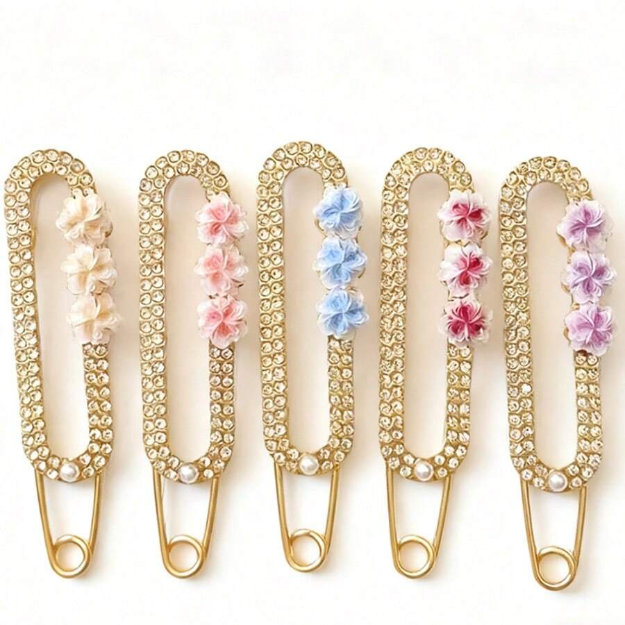 5pcs Flower Anti-Exposure Brooch Pins, Fashion Elegant Crystal Brooch Pins To Fix Clothes, Tighten Pants Waist, Skirt Waist, Stylish Accessories - Multicolor - View 1