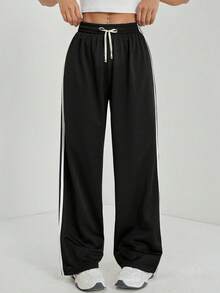 Women's Side Stripe Sports Pants, Straight Stripe Jogging Pants, High Waist Sports Pants, Double Stripe Women Sports Pants, Outdoor Sports Pants, Casual Stripe Jogging Pants, Retro Side Stripe Trousers - Black - View 3