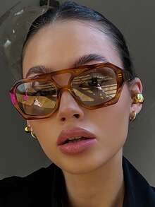 نظارات شمسية نسائية بإطار بولي كربونات متعدد الأوجه ذات جسر مزدوج بطراز رجعي عصري - بني - مشاهدة 3