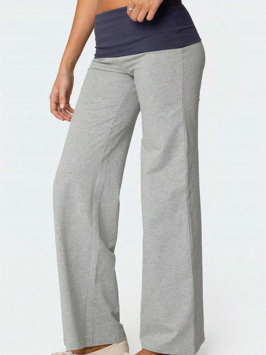 Womens Fold Over Yoga Pants, Low Waist Contrast Color Wide Leg Flare Sweatpants - 灰色 - 查看 1