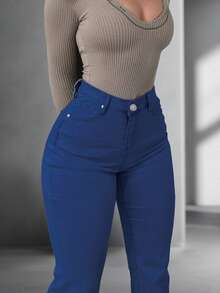 NVFelix 女士高腰修身喇叭牛仔裤，轻薄弹力面料，优雅时尚，Y2K户外休闲风，适合春夏穿着 - 深色水洗藍 - 查看 3