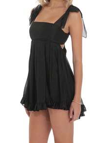 Women Y2k Cute Babydoll Mini Dress Corset Lace Patchwork Sleeveless Ruffled A-Line Flowy Short Dress Beach Streetwear - màu đen - Xem 3