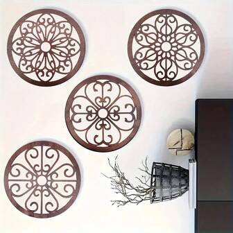 Juego de 4 piezas de decoración rústica para pared - Estilo bohemio con patrones florales y geométricos tallados en madera marrón, sin necesidad de electricidad, fácil instalación para sala de estar, dormitorio, oficina, cocina - Adecuado para decoración del hogar en temporadas (Halloween, Navidad, Pascua), decoración de madera para el hogar, arte de pared, decoración de pared exterior, decoración de habitación linda