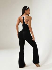 Women's Seamless Contrast Color Knot Detail Sports Jumpsuit - Black - View 3