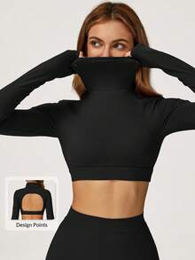 MASKERT 女士运动上衣、瑜伽服、高领、短款、短款、长袖、修身、修身瑜伽健身服