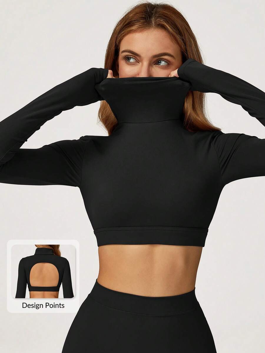 MASKERT 女士运动上衣、瑜伽服、高领、短款、短款、长袖、修身、修身瑜伽健身服