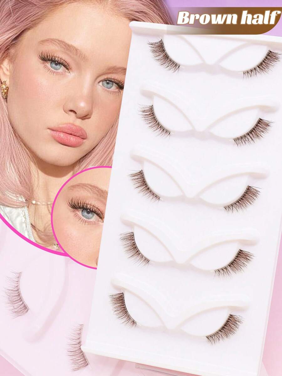 5 Pairs Of Brown Half Eye Transparent Root False Eyelashes, Fluffy And Soft, Natural DIY Prank Comic Fish Tail Fairy Ultra-Fine Stem Feather Tail Grafting Eyelashes Cross Thick 3D Mink Fur Eyelashes