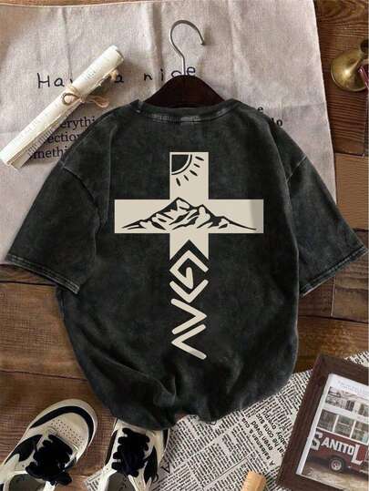 YUNCHIC - Men's Summer Text Graphic T-Shirt, Loose Fit Round Neck, Versatile For Home, Outdoor, Campus, Young Personalized Casual Style