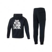 Nike 男士運動套裝 連帽衛衣+針織長褲 寬鬆舒適連帽加絨衛衣簡約柔軟休閒加絨針織長褲 - 黑/白 - 查看 2